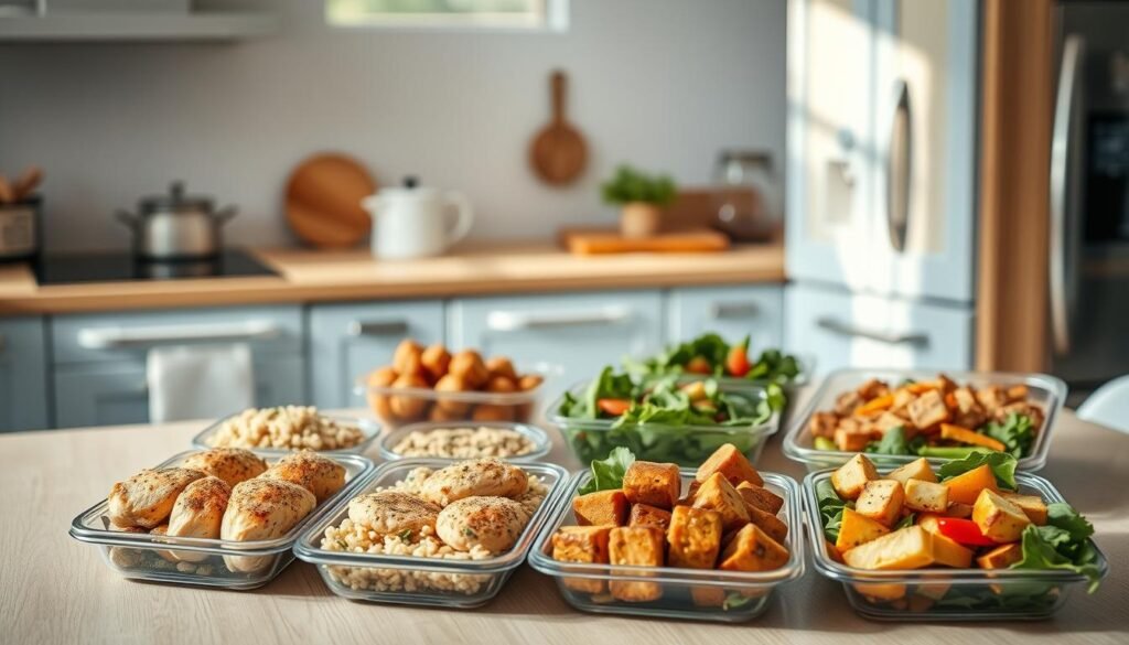 A cozy, minimal kitchen with warm wooden textures and light blue accents. In the foreground, an array of protein-packed meal prep options - juicy roasted chicken breasts, lean turkey meatballs, and seasoned tofu cubes. Colorful side dishes like quinoa, roasted vegetables, and fresh greens fill the middle ground. Soft, natural lighting illuminates the scene, casting gentle shadows and highlights the clean, organized presentation. The atmosphere is one of nourishment and efficiency, inviting the viewer to plan a week's worth of balanced, satisfying lunches.