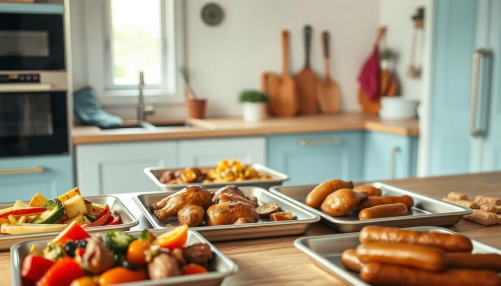A cozy, minimal kitchen with warm wooden textures and light blue accents. In the foreground, an array of easy-to-prepare sheet pan recipes, including roasted vegetables, juicy chicken, and savory sausages. The middle ground showcases neatly arranged baking trays, oven mitts, and cooking utensils, hinting at the simplicity of these weeknight dinner solutions. In the background, a clean, uncluttered countertop and a glimpse of a window, allowing natural light to bathe the scene. The overall atmosphere is one of efficiency, comfort, and the promise of a delicious, fuss-free meal.