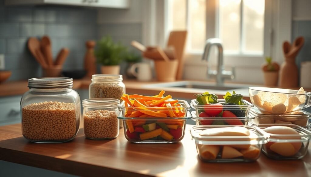 A cozy minimal kitchen with warm wooden textures and light blue accents. Neatly arranged on the counter are a selection of budget-friendly ingredients: whole grains, canned beans, frozen vegetables, and lean protein like chicken or eggs. Natural sunlight streams in, casting a golden glow. Glass meal prep containers sit ready, waiting to be filled with a simple, nutritious budget-friendly lunch. The scene exudes an atmosphere of organization, efficiency, and mindful meal planning.