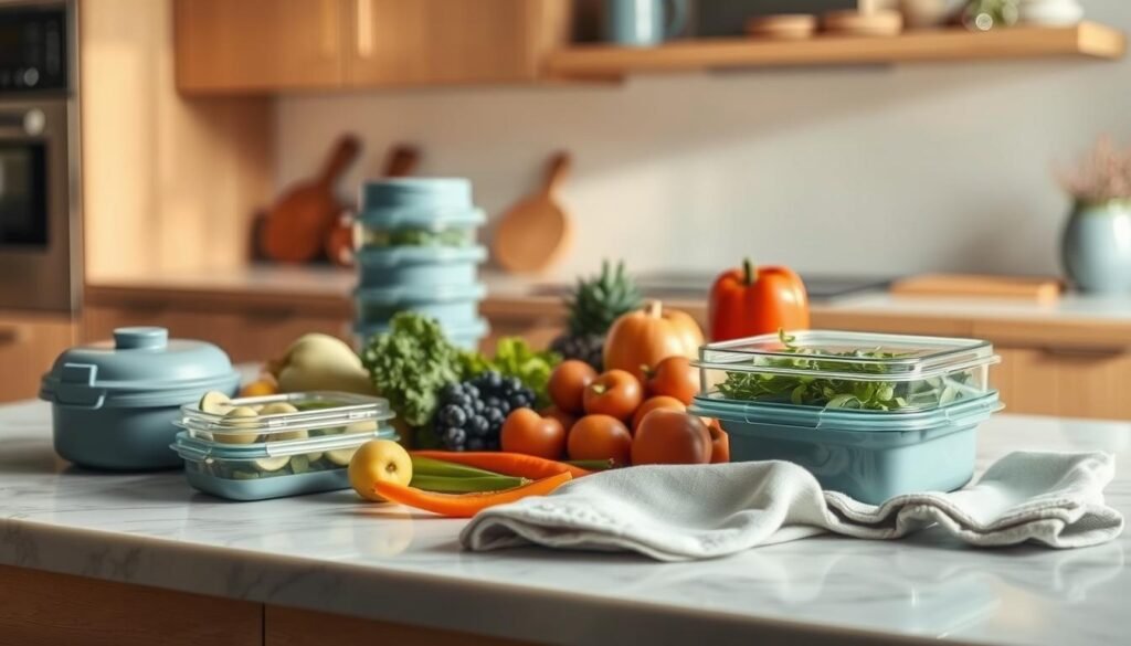 A cozy, minimal kitchen with warm wooden textures and light blue accents. On a clean marble countertop, an arrangement of fresh produce, reusable food containers, and a folded cloth napkin. Soft, natural lighting highlights the texture of the ingredients and the sleek, eco-friendly storage solutions. The scene conveys a sense of organization, sustainability, and the careful preparation of a nourishing, high-quality packed lunch.