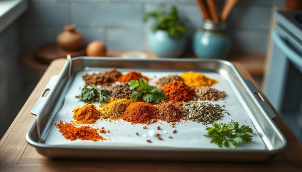 A cozy, minimal kitchen with warm wooden textures and light blue accents. On a clean sheet pan, an assortment of vibrant spice blends - earthy turmeric, aromatic cumin, smoky paprika, and fragrant coriander - nestled alongside fresh herbs, dried chili flakes, and a sprinkle of sea salt. The scene is bathed in soft, natural lighting, capturing the essence of global flavors ready to be explored and transformed into delectable sheet pan dinners.