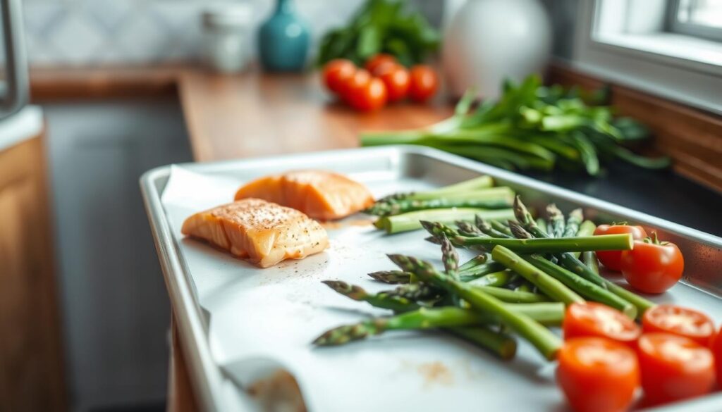 A cozy, minimal kitchen with warm wooden textures and light blue accents. On a clean sheet pan, an assortment of fresh ingredients arranged in an orderly fashion - tender salmon fillets, crisp asparagus spears, and vibrant cherry tomatoes. Soft, natural lighting illuminates the scene, casting gentle shadows and highlighting the textures. The angle captures a step-by-step guide to effortless sheet pan dinner prep, inviting the viewer to imagine the delicious, healthy meal that will soon emerge from the oven.