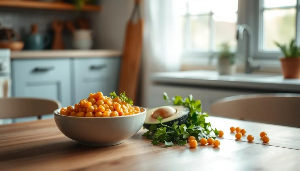 A cozy, minimal kitchen with warm, wooden textures and light blue accents. On a clean, wooden table, a bowl of vibrant chickpeas sits alongside sliced avocado, a handful of fresh greens, and a drizzle of olive oil. The sunlight streams in through a nearby window, casting a soft, natural glow. The image captures the health benefits of plant-based protein, emphasizing the nutritional value and simplicity of a chickpea salad.