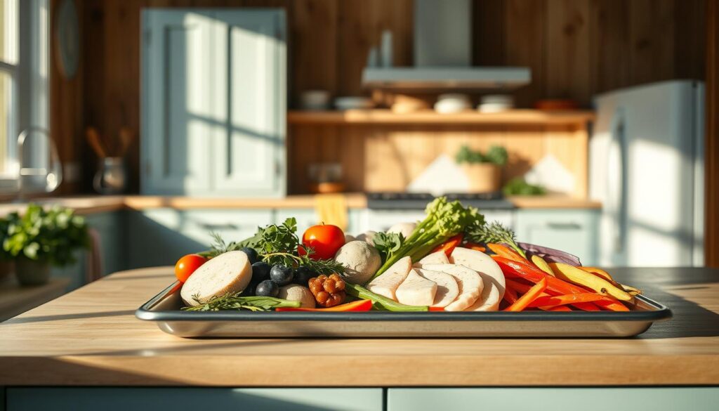 A cozy, minimal kitchen with warm wooden textures and light blue accents. On a large sheet pan, an assortment of fresh, gluten-free ingredients - crisp vegetables, lean proteins, and aromatic herbs, all arranged in an appetizing, visually balanced composition. The lighting is soft and natural, casting gentle shadows that accentuate the textures and colors. The overall atmosphere is one of simplicity, health, and culinary confidence, inviting the viewer to imagine the satisfying, nourishing meal that could be prepared from these essential elements.