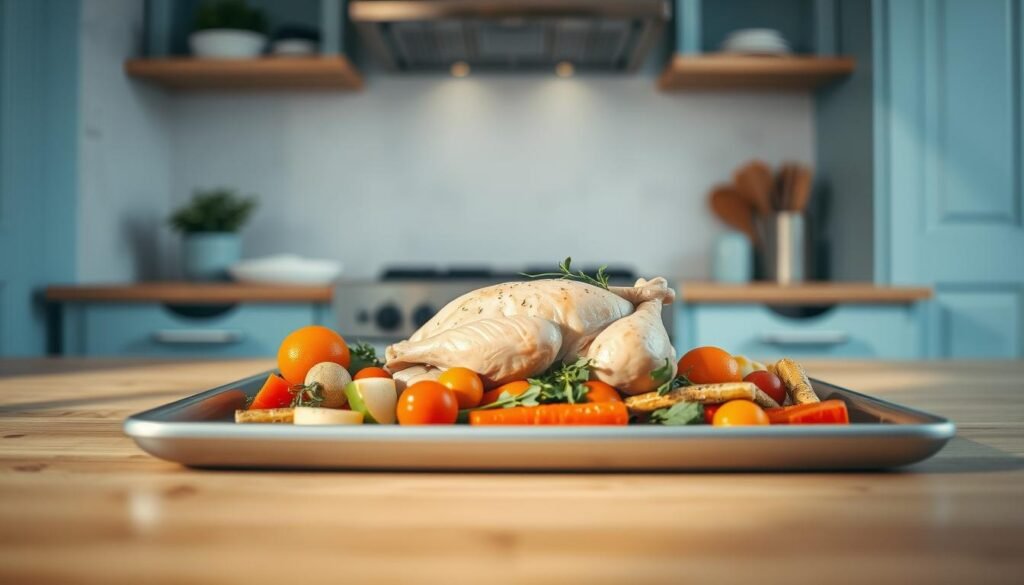 A cozy, minimal kitchen with warm wooden textures and light blue accents. On a pristine sheet pan, fresh vegetables, chicken, and herbs are artfully arranged, ready for roasting. The soft, even lighting from overhead casts subtle shadows, highlighting the textural details. The scene conveys a sense of thoughtful preparation, with every ingredient thoughtfully placed to create a harmonious, appetizing composition. The angle captures the step-by-step process, inviting the viewer to imagine the satisfying meal that will emerge from the oven.