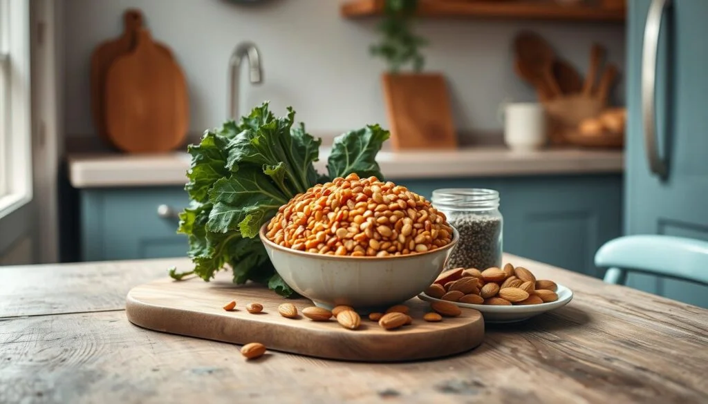 A cozy, minimal kitchen with warm wooden textures and light blue accents. On a rustic wooden table, an artful still life of plant-based protein essentials: a bowl of protein-rich lentils, a bundle of leafy greens, a glass jar of nutritious chia seeds, and a plate of crunchy almonds. Soft, natural lighting casts a gentle glow, highlighting the vibrant colors and organic forms. The arrangement conveys a sense of nourishment, simplicity, and a celebration of wholesome, plant-based ingredients.