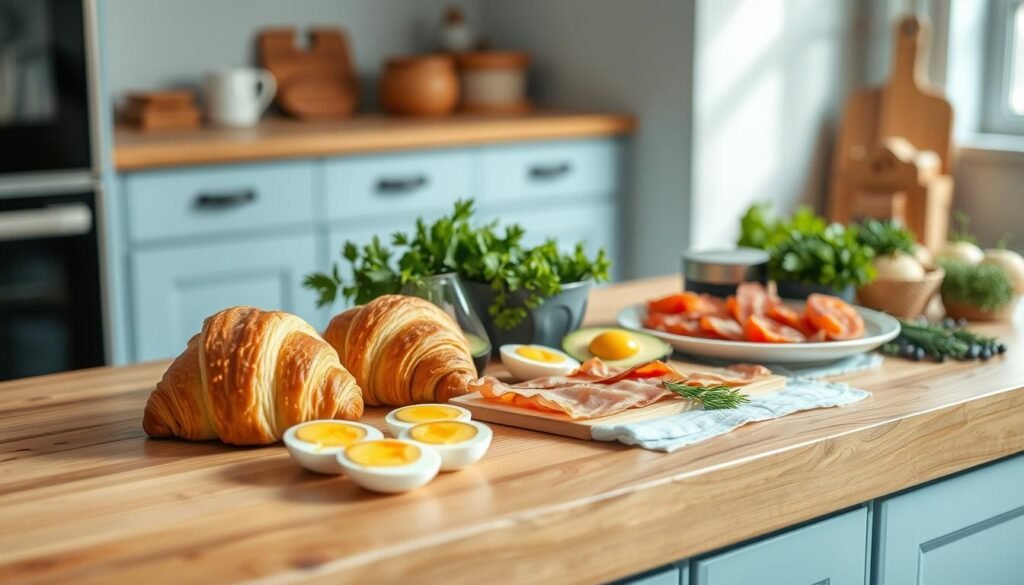 A cozy, minimal kitchen with warm wooden textures and light blue accents. On a wooden counter, various breakfast meal prep components are neatly arranged - freshly baked croissants, hard-boiled eggs, sliced avocado, crispy bacon, and an assortment of fresh herbs and greens. The lighting is soft and natural, casting gentle shadows that accentuate the textures and colors. The scene conveys a sense of customization and personalization, where the viewer can envision creating their own unique, satisfying breakfast experience. No hand is present, allowing the viewer to imagine themselves as the chef, crafting a meal tailored to their preferences.