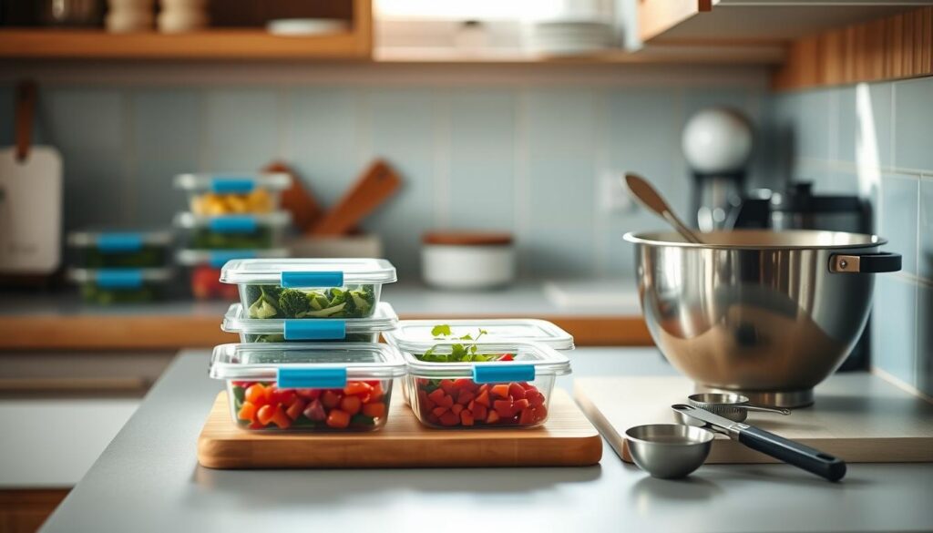 A cozy, minimal kitchen with warm wooden textures and light blue accents. On the counter, various meal prep containers, chopped vegetables, and a clean cutting board. A stainless steel mixing bowl stands ready, accompanied by measuring cups and spoons. The lighting is soft and diffused, casting a gentle glow over the scene. The overall atmosphere conveys organization, efficiency, and a sense of intentional preparation for healthy, low-carb cold lunches.