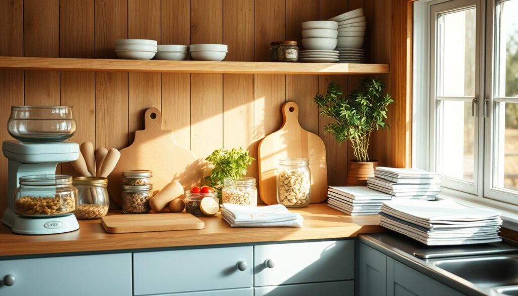 A cozy, minimal kitchen with warm wooden textures and light blue accents. On the counter, neatly arranged ingredients and tools for meal prep: glass containers, chopping boards, a scale, and a tidy stack of recipes. Sunlight streams in through a window, casting a soft, natural glow over the scene. The atmosphere is one of organized productivity and healthy intention, inviting the viewer to plan their own weekly meal routine.