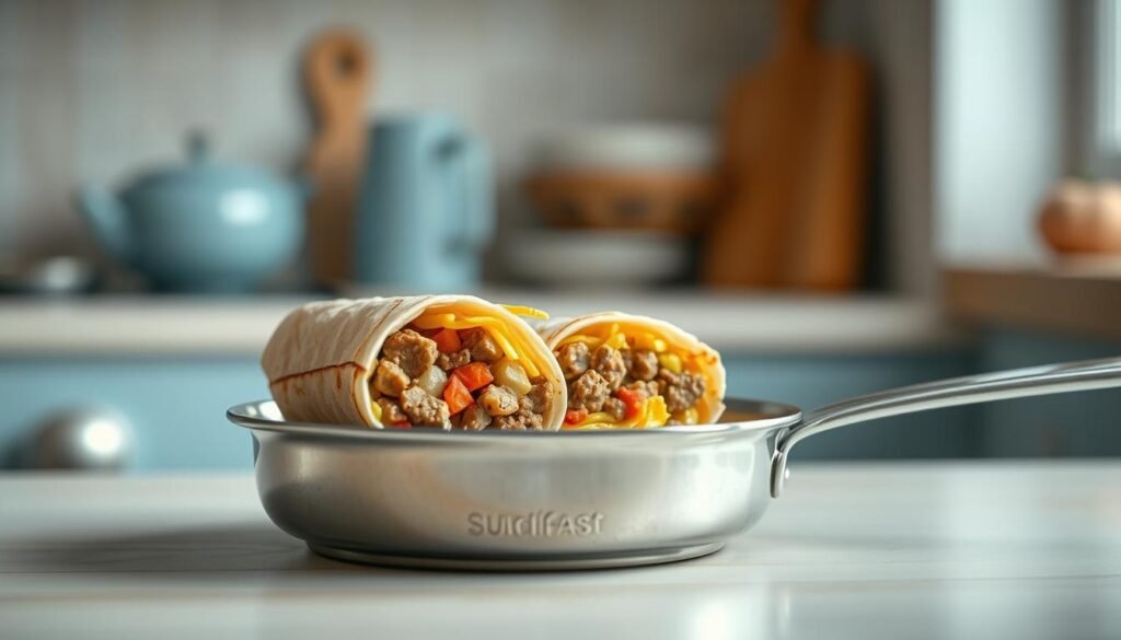 A cozy, minimal kitchen with warm wooden textures and light blue accents. On the counter, a breakfast burrito is reheating in a small, shiny stainless steel pan, gently sizzling. The burrito is wrapped in a toasted flour tortilla, revealing a tantalizing cross-section of fluffy scrambled eggs, savory sausage crumbles, and melted cheddar cheese. Soft, indirect lighting casts a comforting glow, highlighting the evenly browned edges of the burrito. The scene conveys a sense of effortless homemade satisfaction, perfect for a fresh, low-sugar breakfast.