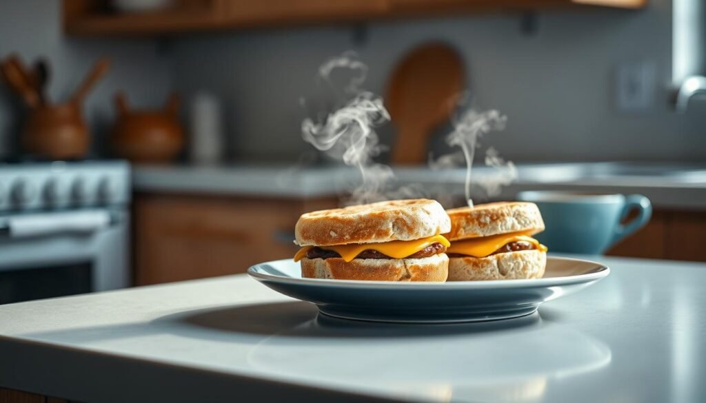 A cozy, minimal kitchen with warm wooden textures and light blue accents. On the counter, a plate holds two freshly reheated breakfast sandwiches, their golden-brown English muffins glistening. Wisps of steam rise, hinting at the melted cheese and savory fillings within. The scene is bathed in soft, natural light, casting subtle shadows that enhance the appetizing details. No hands visible, the focus solely on the beautifully presented meal, ready to be enjoyed.