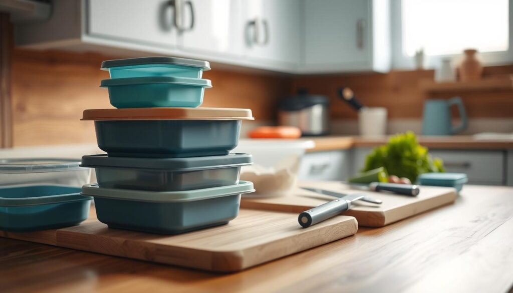 A cozy, minimal kitchen with warm wooden textures and light blue accents. On the counter, a selection of meal prep essentials - Tupperware containers, a cutting board, a knife, and a few fresh vegetables. The lighting is soft and diffused, creating a calming atmosphere. The camera captures the scene from a low angle, emphasizing the thoughtfully arranged items and the inviting feel of the space. This image reflects the basics of dinner meal prepping - organization, simplicity, and a focus on fresh, wholesome ingredients.
