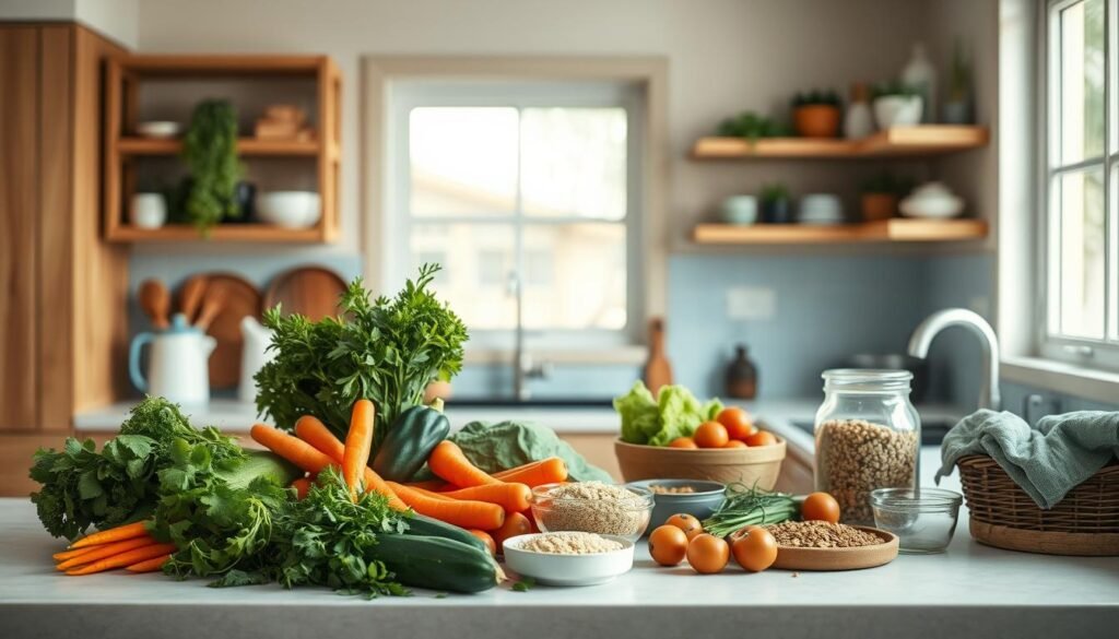 A cozy minimal kitchen with warm wooden textures and light blue accents. On the counter, a variety of seasonal meal prep ingredients are neatly arranged - fresh vegetables like carrots, broccoli, and zucchini, along with herbs, grains, and lean proteins. The lighting is soft and diffused, creating a calm, inviting atmosphere. The camera captures the scene at a slightly elevated angle, emphasizing the thoughtful organization and variety of the ingredients, ready to be transformed into a delicious, nutritious meal.