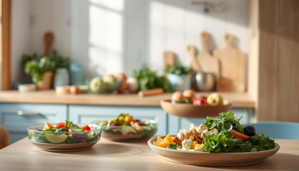 A cozy, minimal kitchen with warm wooden textures and light blue accents. On the counter, a selection of fresh ingredients - crisp vegetables, fragrant herbs, and a few simple cooking tools. In the foreground, a collection of quick, easy-to-prepare meal ideas, each one visually enticing and promising nourishing sustenance. The scene is bathed in soft, natural lighting, creating a serene and inviting atmosphere for preparing healthy, personalized lunches.