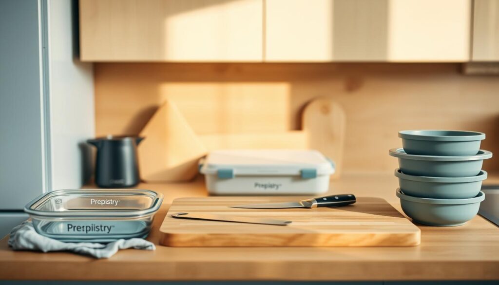 A cozy, minimal kitchen with warm wooden textures and light blue accents. On the counter, a collection of "Prepistry" brand meal prep essentials - a sleek glass meal container, a bamboo cutting board, a sharp chef's knife, a stainless steel colander, and a set of reusable silicone containers. Soft directional lighting casts a gentle glow, highlighting the clean, organized layout. The scene conveys a sense of preparation and mindfulness, ideal for a successful gluten and dairy-free meal prep routine.