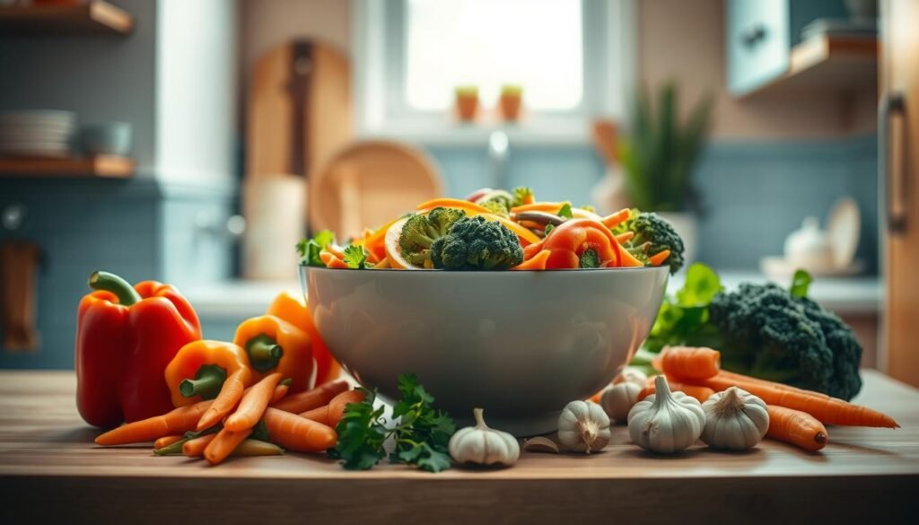 A cozy, minimal kitchen with warm wooden textures and light blue accents. On the counter, a collection of fresh vegetables and aromatics - crisp bell peppers, crunchy carrots, vibrant broccoli florets, and fragrant garlic and ginger. In the center, a large stir-fry bowl, its sides gently curving, ready to be filled with the colorful ingredients. The soft, diffused lighting casts a gentle glow, creating an inviting atmosphere as the assembly process unfolds, a symphony of flavors and textures coming together for a nourishing and delicious meal prep.