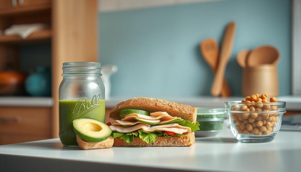 A cozy, minimal kitchen with warm wooden textures and light blue accents. On the counter, a selection of protein-packed lunch items are artfully arranged: a hearty sandwich with lean turkey, sliced avocado, and whole grain bread, a glass mason jar filled with a vibrant green smoothie, and a small container of roasted chickpeas. The lighting is soft and natural, creating a calming atmosphere. The focus is on the freshness and nutritional value of these portable, satisfying meals, ready to fuel the day ahead.