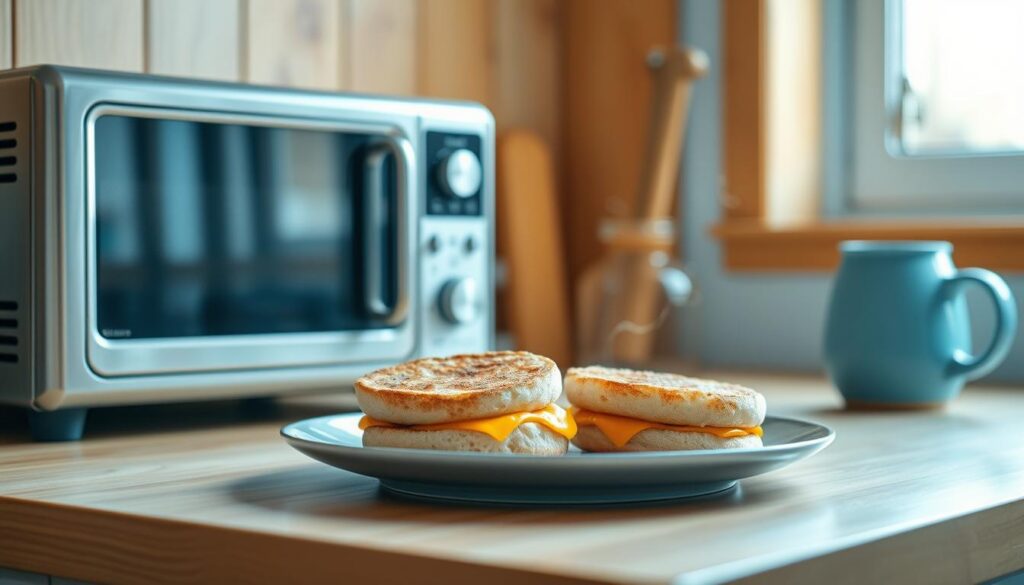 A cozy, minimal kitchen with warm wooden textures and light blue accents. On the counter, a pair of stainless steel appliances - a toaster oven and microwave - stand ready. A plate of freshly reheated breakfast sandwiches, their crisp English muffins and melted cheese beckoning. Wisps of steam rise, hinting at the savory aromas. The scene is bathed in soft, even lighting, creating a welcoming atmosphere for a nourishing morning meal.