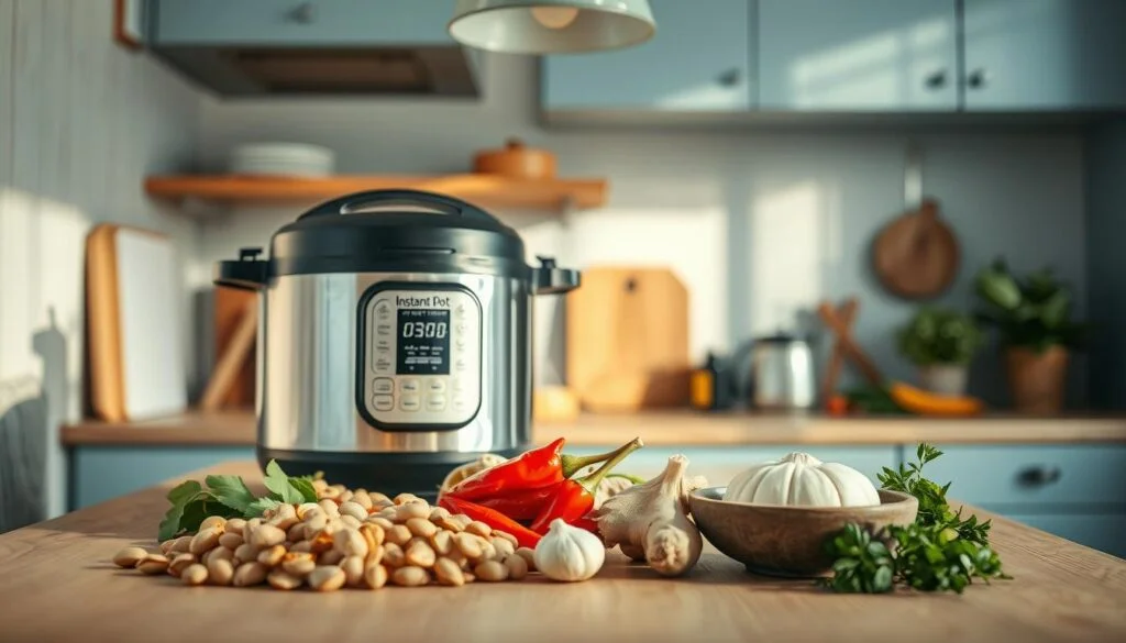 A cozy, minimal kitchen with warm wooden textures and light blue accents. On the counter, a stainless steel Instant Pot sits amidst a selection of spicy peanut ingredients - roasted peanuts, chili peppers, ginger, garlic, and aromatic herbs. The overhead lighting casts a soft, natural glow, accentuating the earthy tones and creating a welcoming atmosphere. The scene evokes a sense of homemade, comforting recipes ready to be prepared with ease and efficiency.