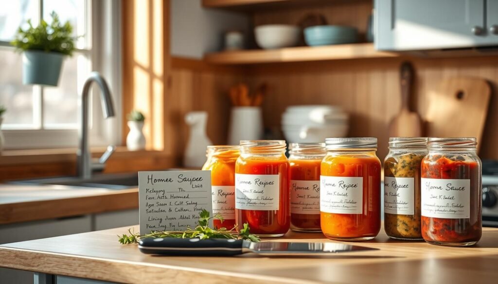 A cozy, minimal kitchen with warm wooden textures and light blue accents. On the counter, a collection of homemade sauce recipes presented in handwritten recipe cards and glass jars, their vibrant colors and textures catching the soft, natural light filtering through the windows. The arrangement is styled with fresh herbs, a knife, and a few simple kitchen tools, creating an inviting and rustic atmosphere that celebrates the joy of homemade cooking.