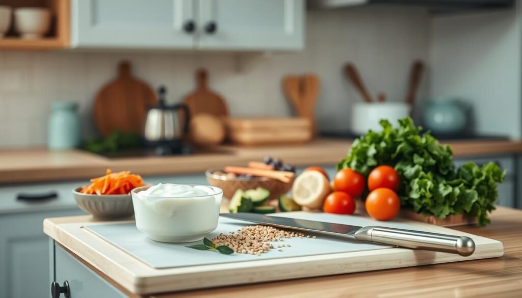 A cozy, minimal kitchen with warm wooden textures and light blue accents. On the counter, an assortment of gut-friendly ingredients - probiotic-rich yogurt, freshly chopped vegetables, and whole grains. A crisp, clean cutting board and a sharp knife suggest mindful meal preparation. The soft, diffused lighting creates a calming atmosphere, inviting you to explore the art of crafting a nourishing, gut-friendly dinner. The focus is on the simple, wholesome components that come together to support a healthy digestive system.