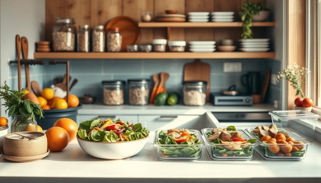 A cozy, minimal kitchen with warm wooden textures and light blue accents. On the counter, an array of fresh produce, jars of grains, and neatly organized meal prep containers. Vibrant salads, roasted vegetables, and perfectly portioned protein sources are artfully arranged, conveying a sense of healthy, clean eating. Diffused natural light filters in, casting a soft, inviting glow. The scene exudes a serene, organized atmosphere, inspiring a sense of mindful meal preparation.