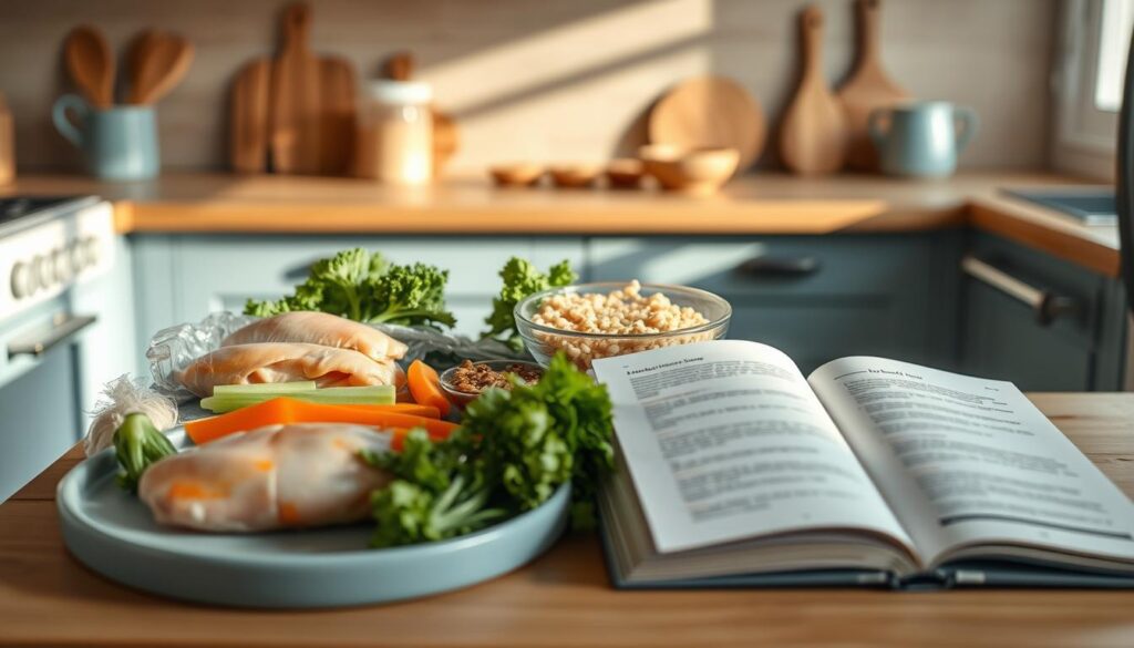A cozy, minimal kitchen with warm wooden textures and light blue accents. On the counter, an assortment of freezer meal recipe ingredients - chicken breasts, vegetables, and hearty grains. Nearby, an open cookbook showcasing easy-to-follow instructions for preparing delicious, nourishing meals. The scene is bathed in soft, natural light, conveying a sense of simplicity and ease. This image captures the essence of quick and easy freezer meal recipes, perfect for busy weeknights.