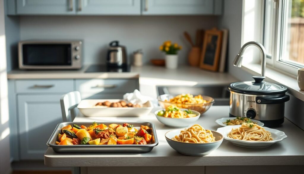 A cozy, minimal kitchen with warm wooden textures and light blue accents. On the counter, an arrangement of stress-free dinners: a sheet pan filled with roasted vegetables, a slow cooker meal, and a simple pasta dish, all ready to serve. Soft, natural lighting illuminates the scene, creating a calming atmosphere. The kitchen feels organized and inviting, inviting the viewer to enjoy a hassle-free meal. No hands are present, emphasizing the effortless nature of these prepared dishes.