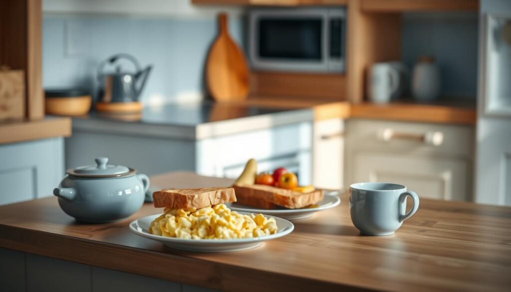 A cozy, minimal kitchen with warm wooden textures and light blue accents. On the counter, an array of quick breakfast dishes - fluffy scrambled eggs, golden-brown toast, fresh fruit, and a steaming mug of coffee. The lighting is soft and natural, highlighting the simple, appetizing presentation. A sense of effortless, nourishing ease permeates the scene, inviting the viewer to imagine starting their day with these quick, satisfying recipes.