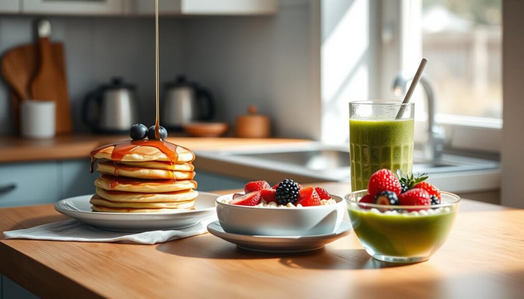 A cozy, minimal kitchen with warm wooden textures and light blue accents. On the counter, an assortment of dairy-free breakfast dishes - a stack of fluffy pancakes drizzled with maple syrup, a bowl of creamy oatmeal topped with fresh berries, and a smoothie glass filled with a vibrant green blend. The scene is bathed in soft, natural lighting, creating a peaceful, inviting atmosphere for a wholesome, dairy-free morning meal.