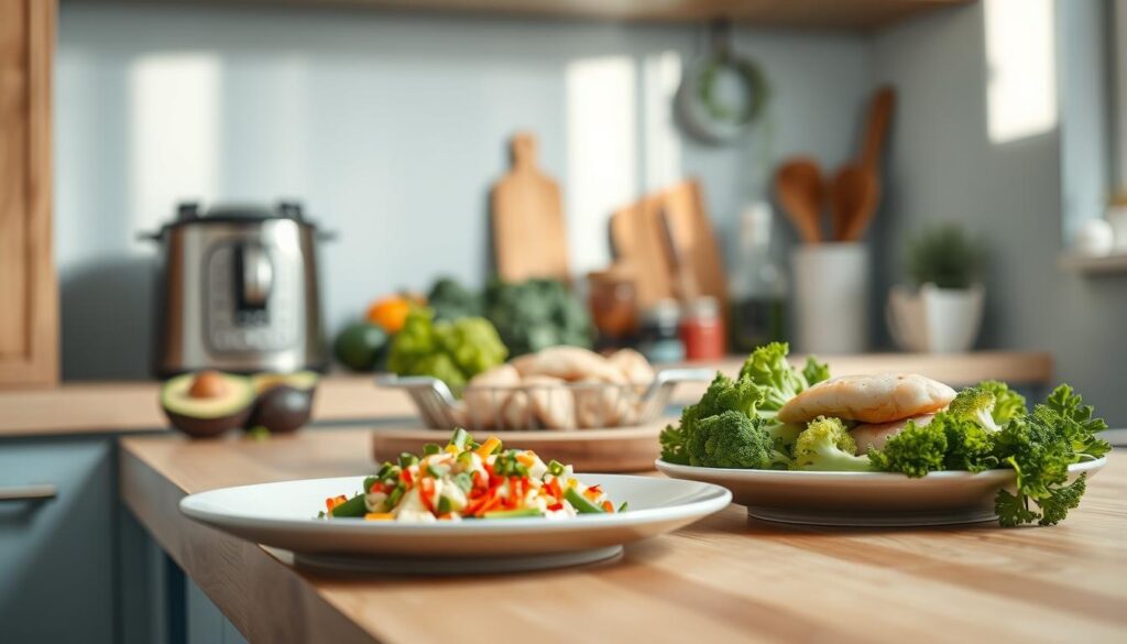 A cozy, minimal kitchen with warm wooden textures and light blue accents. On the counter, an assortment of fresh, keto-friendly ingredients - avocados, broccoli, chicken breasts, and a handful of colorful spices. A sleek, modern appliance sits nearby, ready to assist in the meal prep. The lighting is soft and diffused, creating a soothing, inviting atmosphere. In the foreground, a simple, yet satisfying keto meal, neatly arranged on a white plate, ready to fuel a busy workday. The scene conveys a sense of efficiency, organization, and budget-friendly wellness, perfect for the office keto meal prep.