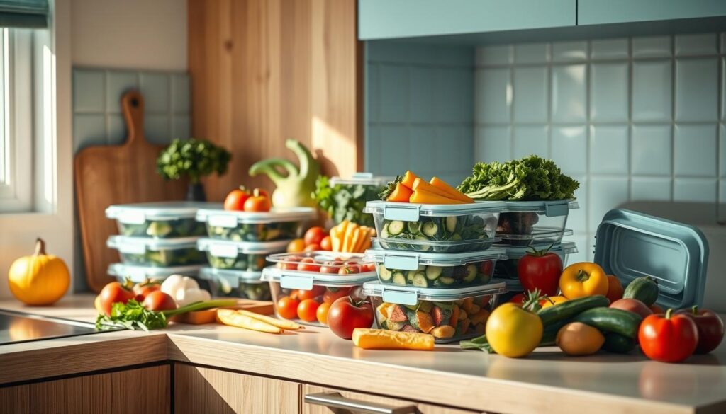 A cozy, minimal kitchen with warm wooden textures and light blue accents. On the counter, an assortment of fresh seasonal produce - vibrant vegetables, crisp greens, and juicy fruits. Meal prep containers in various sizes, their lids ajar, revealing the colorful, nourishing contents inside. A clean, streamlined aesthetic, with no hands visible, suggesting the adaptability and efficiency of this well-organized workspace. Soft, diffused lighting casts a gentle glow, highlighting the natural hues and textures of the ingredients, creating an inviting and inspiring atmosphere for crafting adaptable work meals.