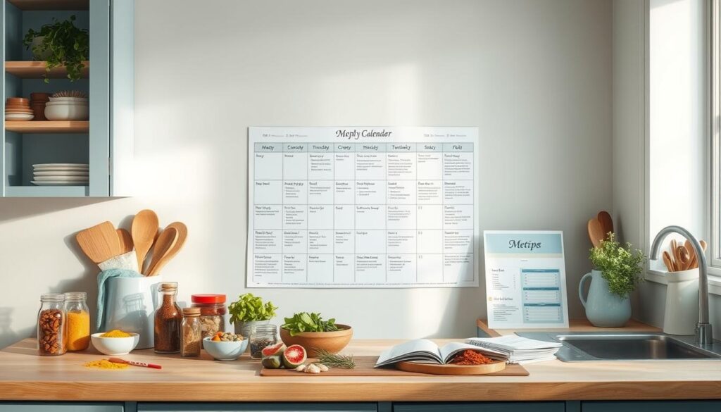 A cozy, minimal kitchen with warm wooden textures and light blue accents. On the counter, an array of colorful spices, fresh herbs, and meal planning guides. In the center, a weekly meal calendar with neatly organized recipes and grocery lists. The soft, diffused lighting creates a serene, contemplative atmosphere, inviting the viewer to plan their time-saving Indian dinner recipes for the week ahead.