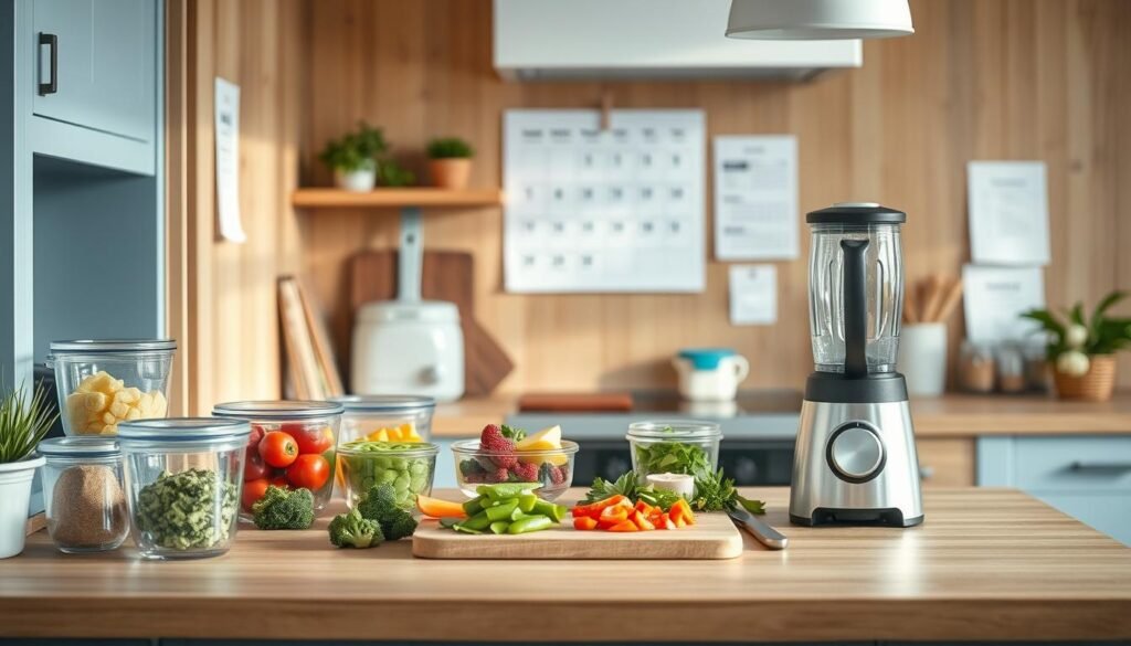 A cozy, minimal kitchen with warm wooden textures and light blue accents. On the countertop, various meal prep tools and ingredients are neatly arranged - glass containers, cutting boards, chopped vegetables, and a sleek blender. The overhead lighting casts a soft, natural glow, highlighting the efficient layout and organization. In the background, a calendar and recipe cards suggest a well-planned meal prep routine. The scene conveys a sense of calm productivity, inviting the viewer to imagine a quick, delicious, and nutritious lunch prepared with these speedy strategies.