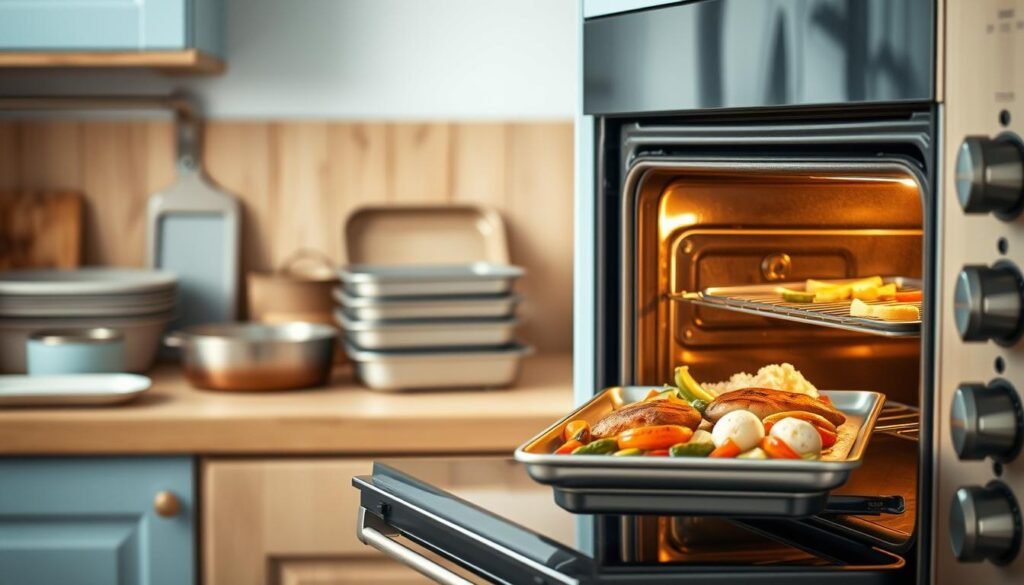 A cozy, minimal kitchen with warm wooden textures and light blue accents. On the countertop, various baking trays and cooking utensils are neatly arranged, indicating a scene of meal preparation. The oven door is slightly ajar, revealing the contents - a perfectly seared protein, tender roasted vegetables, and fluffy carbohydrates, all in perfect harmony. The lighting is soft and even, casting a gentle glow over the scene, highlighting the textures and colors. The absence of hands suggests a moment of careful monitoring and timing, as the chef ensures each component is cooked to perfection, creating a seamless and delicious sheet pan dinner.