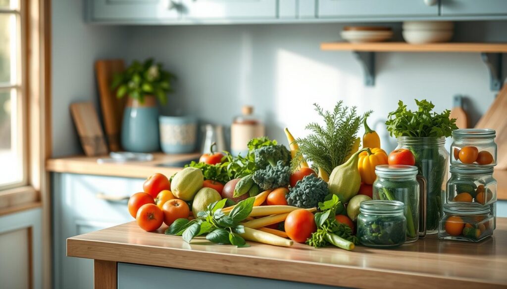 A cozy, minimal kitchen with warm wooden textures and light blue accents. On the countertop, a bountiful harvest of seasonal produce from the garden - crisp vegetables, ripe fruits, fragrant herbs - carefully arranged in a visually appealing display. Glass jars and airtight containers sit nearby, ready to store the fresh ingredients for future meals. The soft, natural lighting creates a serene atmosphere, highlighting the care and attention given to food prep and preservation. A sense of tranquility and abundance pervades the scene, reflecting the joy of incorporating garden-fresh produce into nourishing, no-heat lunchbox meals.