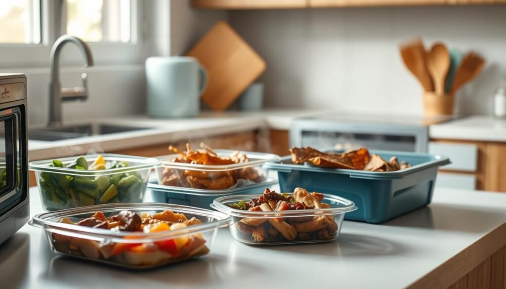 A cozy minimal kitchen with warm wooden textures and light blue accents. On the countertop, a series of microwaved, steaming containers reveal the pitfalls of reheated office meals - soggy vegetables, dried-out proteins, and uneven heating. The scene is lit by soft, diffused light, casting subtle shadows and highlighting the imperfections of the hastily reheated dishes. The atmosphere is one of disappointment and the longing for a freshly prepared, flavorful meal. A cautionary tale about the challenges of preserving taste and texture when reheating office lunches.