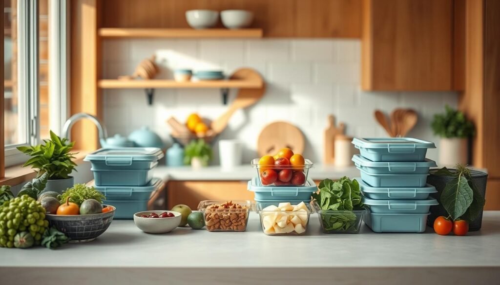 A cozy, minimal kitchen with warm wooden textures and light blue accents. On the countertop, a variety of fresh ingredients and simple meal prep containers, showcasing easy-to-prepare recipes for breakfast, lunch, and dinner. The lighting is soft and natural, capturing the effortless beauty of wholesome, unprocessed foods. The scene exudes a sense of calm and organization, inviting the viewer to discover delicious, healthy meal options that can be prepared with minimal effort.