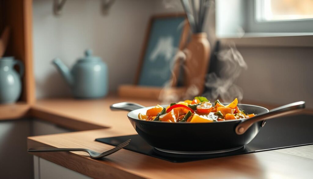 A cozy, minimal kitchen with warm wooden textures and light blue accents. On the countertop, a stir-fry pan sizzles with freshly reheated vegetables, the steam rising in soft wisps. The vegetables glisten, their colors vibrant and inviting. A single fork rests nearby, ready to stir and taste the perfectly reheated meal. Soft, diffused lighting illuminates the scene, creating a calming, inviting atmosphere. The camera captures the process of reheating the stir-fry, showcasing the techniques that ensure a delicious, office-ready meal.