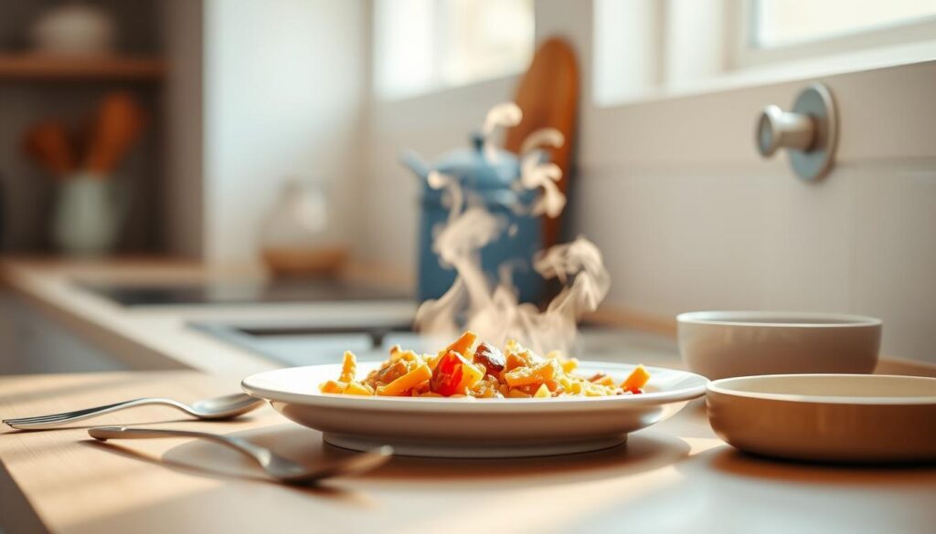 A cozy, minimal kitchen with warm wooden textures and light blue accents. On the countertop, a white ceramic plate holds a steaming, freshly reheated meal, the aroma tantalizing. Steam rises delicately, captured in crisp, soft-focus detail. The plate is surrounded by a few simple cooking utensils - a fork, a knife, a small spoon. The lighting is soft and diffused, creating a comforting, inviting atmosphere. The focus is on the meal, showcasing the challenges of retaining flavor and texture when reheating office meal prep, the star of this scene.