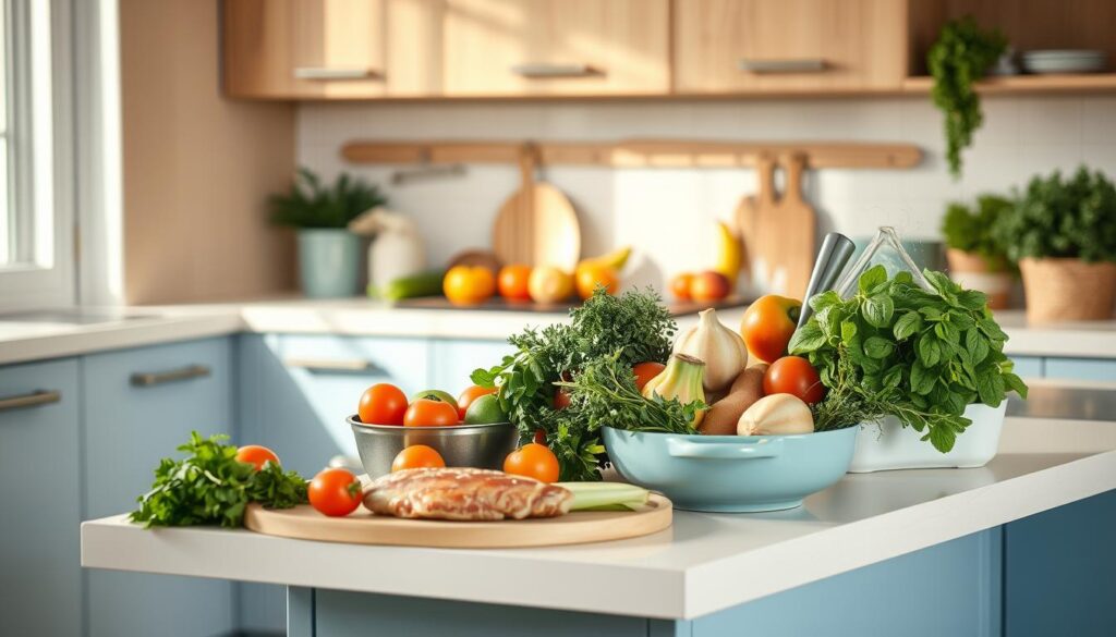 A cozy, minimal kitchen with warm wooden textures and light blue accents. On the countertop, a medley of fresh ingredients - hearty vegetables, fragrant herbs, and protein-rich meats. The arrangement exudes a sense of effortless simplicity, showcasing the ease of one-pot meal preparation. Soft, diffused lighting casts a gentle glow, creating an inviting atmosphere. The camera captures the scene from a slightly elevated angle, emphasizing the clean, uncluttered space and the ease of quick meal prep, perfect for busy weeknights.