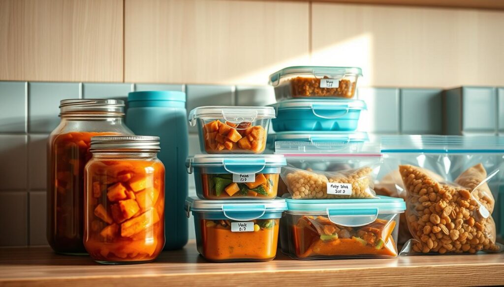 A cozy, minimal kitchen with warm wooden textures and light blue accents. On the countertop, a variety of stew storage containers are neatly arranged - glass jars, airtight plastic containers, and vacuum-sealed bags. The containers are filled with different types of hearty stews, each labeled with the date and contents. Soft, indirect lighting illuminates the scene, casting a gentle glow and highlighting the textures of the materials. The layout is carefully composed, conveying a sense of organization and efficiency for meal planning and preparation.