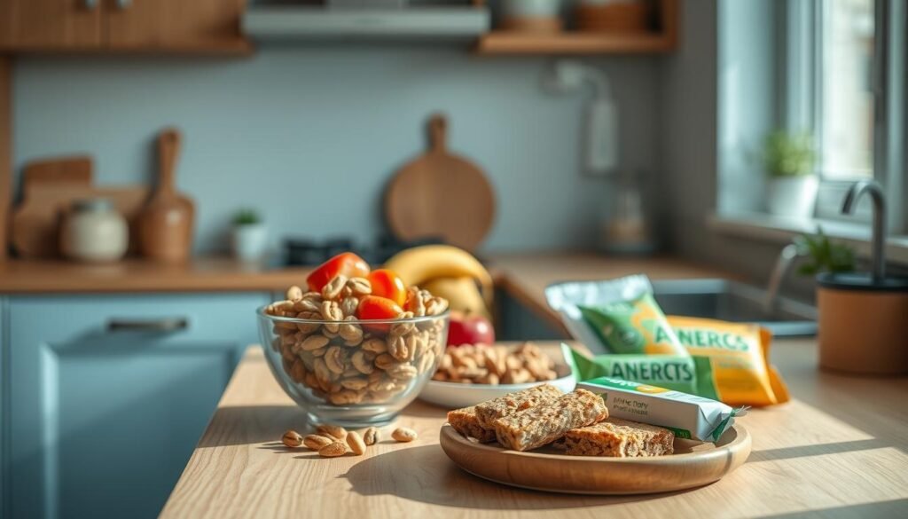A cozy minimal kitchen with warm wooden textures and light blue accents. On the countertop, an artful arrangement of healthy snacks for active individuals - a bowl of mixed nuts, a platter of vibrant fresh fruit, and an assortment of energy-boosting bars. The natural lighting creates a soft, inviting atmosphere, highlighting the colors and textures of the nourishing treats. A sense of simplicity and intentionality pervades the scene, encouraging mindful refueling for athletic recovery and performance.