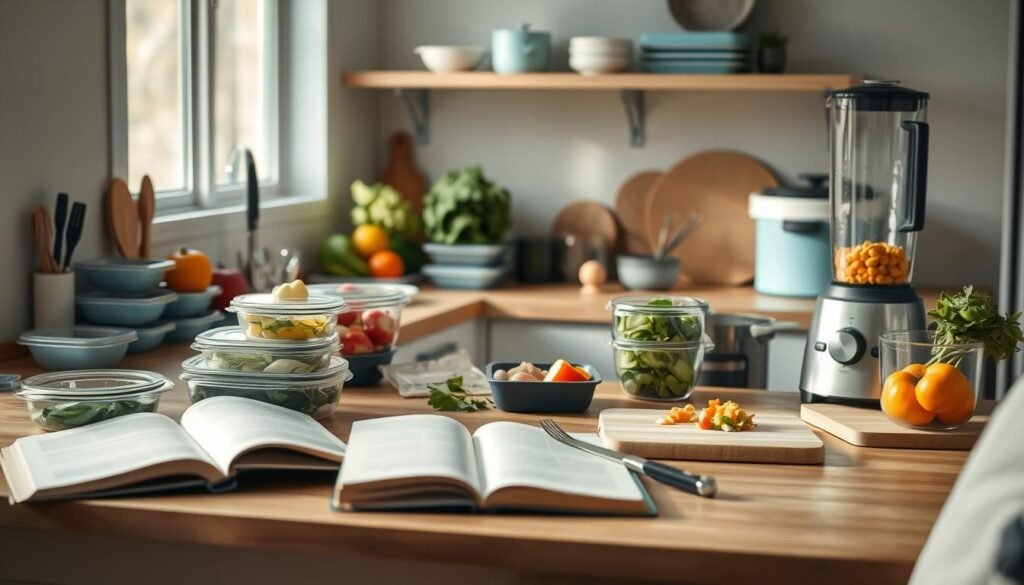 A cozy, minimal kitchen with warm wooden textures and light blue accents. On the countertop, an assortment of meal prep containers, fresh vegetables, and cooking utensils are neatly arranged. The lighting is soft and natural, casting gentle shadows that highlight the textures and colors. In the foreground, various meal prep techniques are demonstrated, such as chopping, mixing, and portioning. The middle ground features an open cookbook, a cutting board, and a blender, suggesting the steps involved in creating a healthy, make-ahead lunch. The background is uncluttered, allowing the focus to remain on the essential meal prep processes.