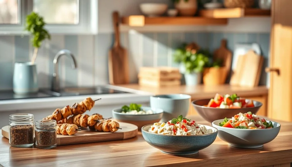 A cozy, minimal kitchen with warm wooden textures and light blue accents. On the countertop, an array of fresh Middle Eastern herbs and spices, including za'atar, sumac, and mint. A variety of quick, vibrant dishes come together effortlessly - marinated chicken skewers, creamy hummus, and a crisp tabbouleh salad. The scene is illuminated by soft, natural lighting, capturing the simple, nourishing essence of Middle Eastern cuisine for busy weeknights.