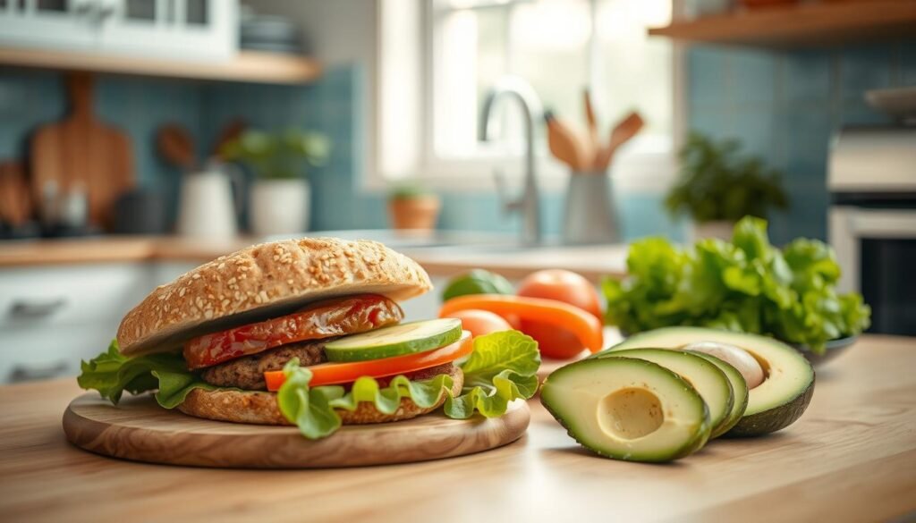 A cozy, minimal kitchen with warm wooden textures and light blue accents. On the countertop, an assortment of fresh, plant-based ingredients is neatly arranged: toasted whole grain buns, crisp lettuce leaves, sliced tomatoes, avocado slices, and a patty made from hearty, protein-rich plant protein. A gentle, natural light filters in, casting a soft glow over the scene. The focus is sharp, drawing the viewer's attention to the careful preparation of this nourishing, vegan breakfast sandwich.