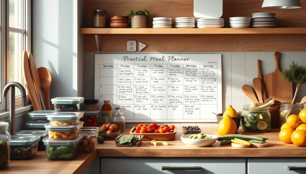 A cozy, minimal kitchen with warm wooden textures and light blue accents. On the countertop, an array of meal prep containers, spices, and fresh produce laid out in an organized fashion. In the center, a weekly meal planner calendar with handwritten notes, highlighting balanced, clean eating recipes. Soft, directional lighting creates an inviting atmosphere, accentuating the streamlined kitchen layout. The scene conveys a sense of intentionality and efficiency, reflecting the 