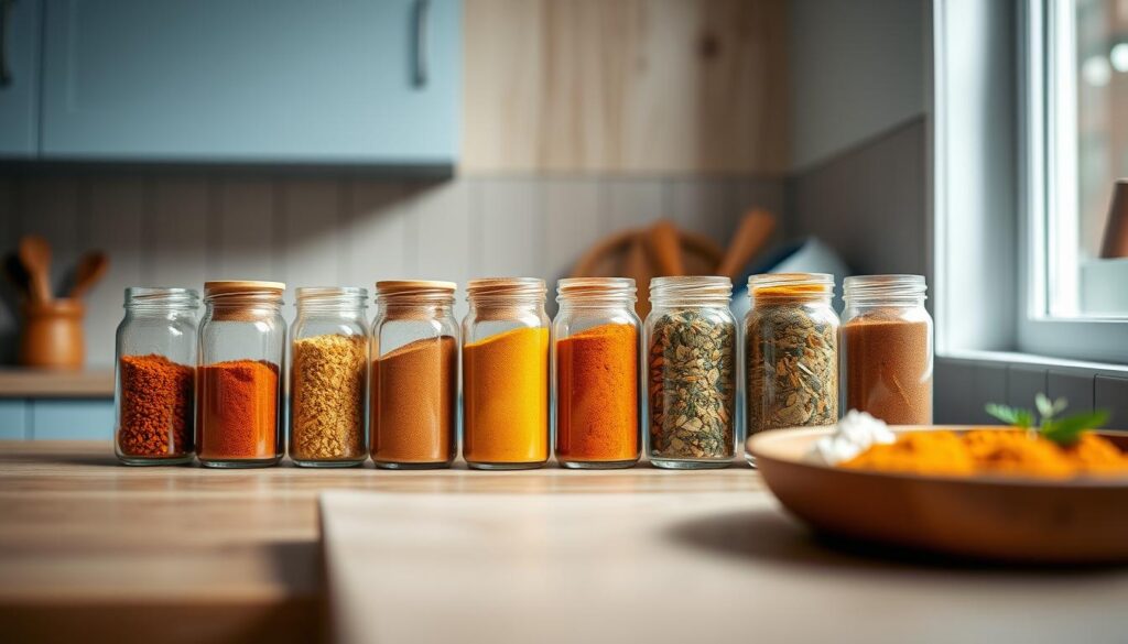 A cozy, minimal kitchen with warm wooden textures and light blue accents. On the countertop, an array of glass jars filled with vibrant spice blends in earthy tones of paprika, cumin, turmeric, and coriander. The jars are arranged in an aesthetically pleasing manner, their contents visible through the clear glass. Soft, diffused lighting from above casts a gentle glow, highlighting the textures and colors of the spices. The scene conveys a sense of organization, intentionality, and a love for crafting flavorful, office-friendly meal prep. The focus is on the customizable spice integration, allowing the viewer to imagine the versatility and potential of these blends.