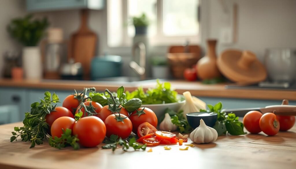 A cozy, minimal kitchen with warm wooden textures and light blue accents. On the countertop, an array of fresh ingredients for sauce preparation - plump tomatoes, vibrant herbs, fragrant garlic, and a drizzle of olive oil. The scene is bathed in soft, natural lighting, creating a tranquil, inviting atmosphere. The focus is on the act of carefully chopping, mincing, and blending the components, capturing the thoughtful process of crafting flavorful homemade condiments. The image conveys a sense of simplicity, nourishment, and the joy of culinary exploration.