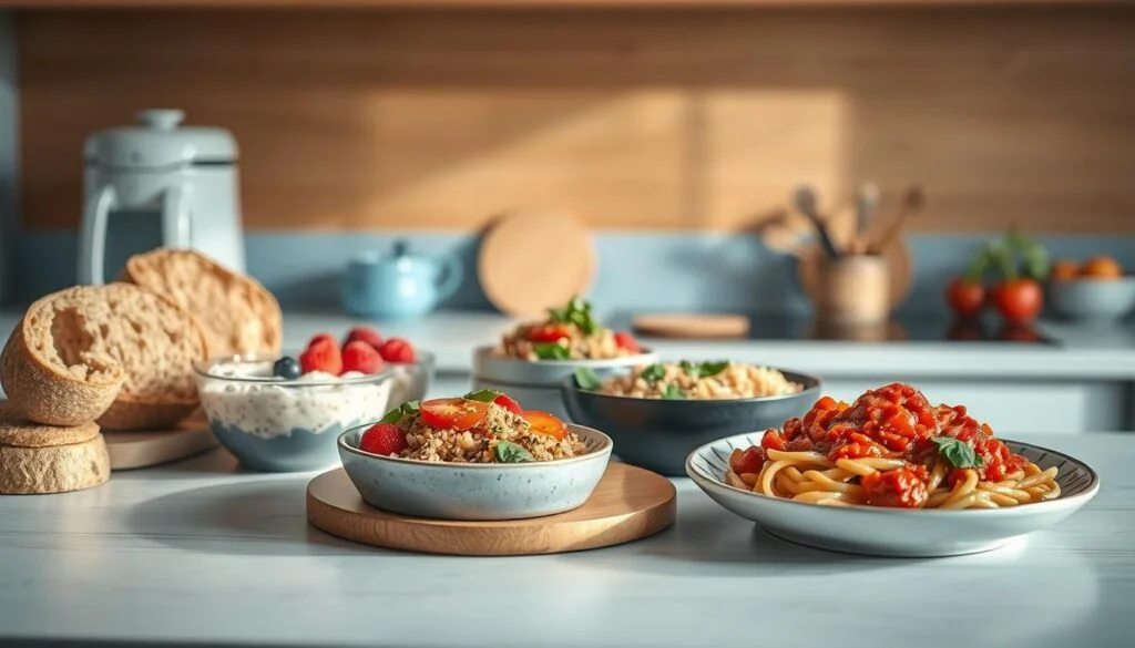 A cozy, minimal kitchen with warm wooden textures and light blue accents. On the countertop, an assortment of creative carb-based dishes - fluffy whole-grain breads, hearty oatmeal with fresh berries, quinoa salad with roasted vegetables, and a pasta dish with a vibrant tomato sauce. Soft, diffused lighting highlights the textures and colors of the ingredients, creating an inviting and appetizing atmosphere. The scene conveys a sense of nourishment and culinary inspiration, perfect for a satisfying office meal prep.